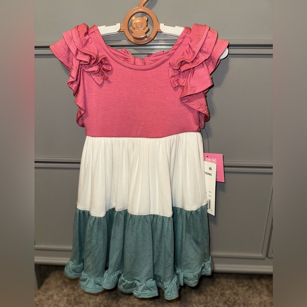 Rare Editions Pink, White, and Green Ruffle Dress